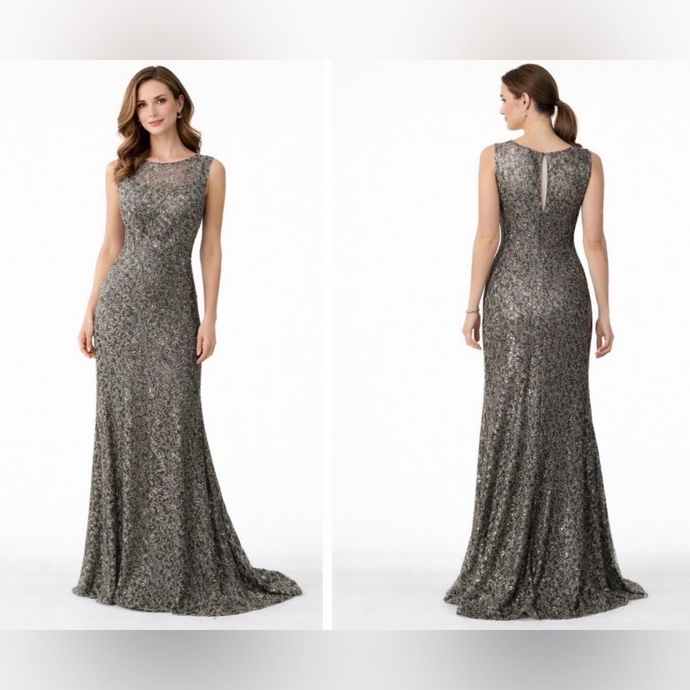 Ignite Long Evening Formal Dress 18 Silver Pewter Sequin Gown Wedding Party NEW